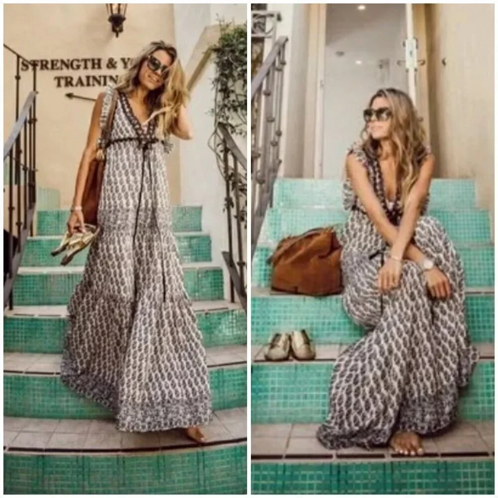 💕TORY BURCH Amita Appliquéd Printed Cotton Maxi Dress Ivory Guru Border Print 0